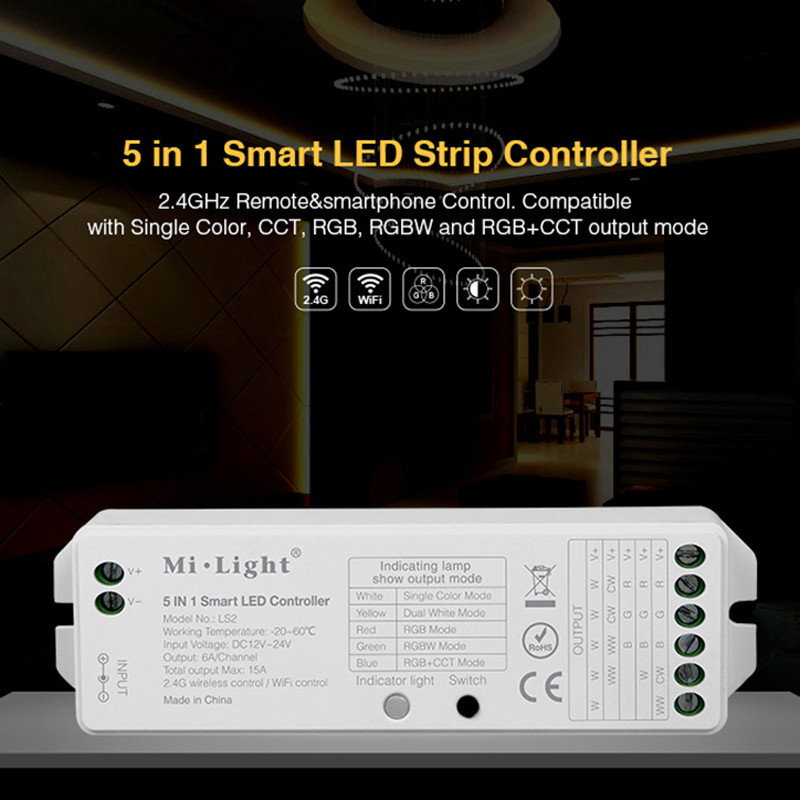 15A controller for 1 color led strips, variable white, RGB, RGBW and RGB+CCT