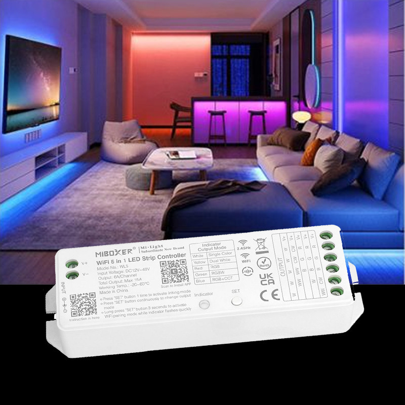 15A WIFI + RF controller for 1 color led strips, variable white, RGB, RGBW and RGB+CCT