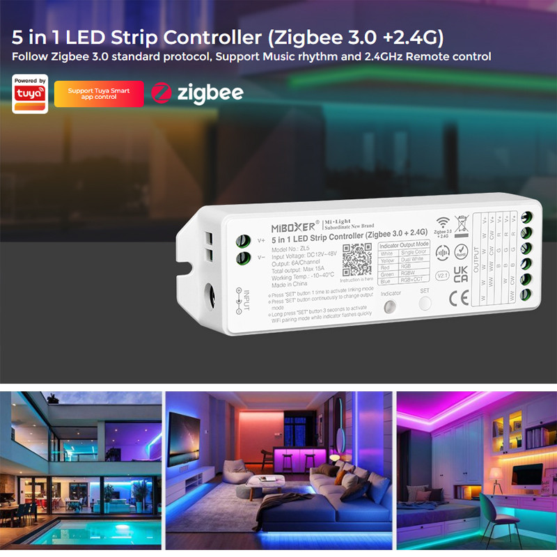 Controlador ZIGBEE + RF 15A para tiras led 1 color, blanco variable, RGB, RGBW y RGB+CCT