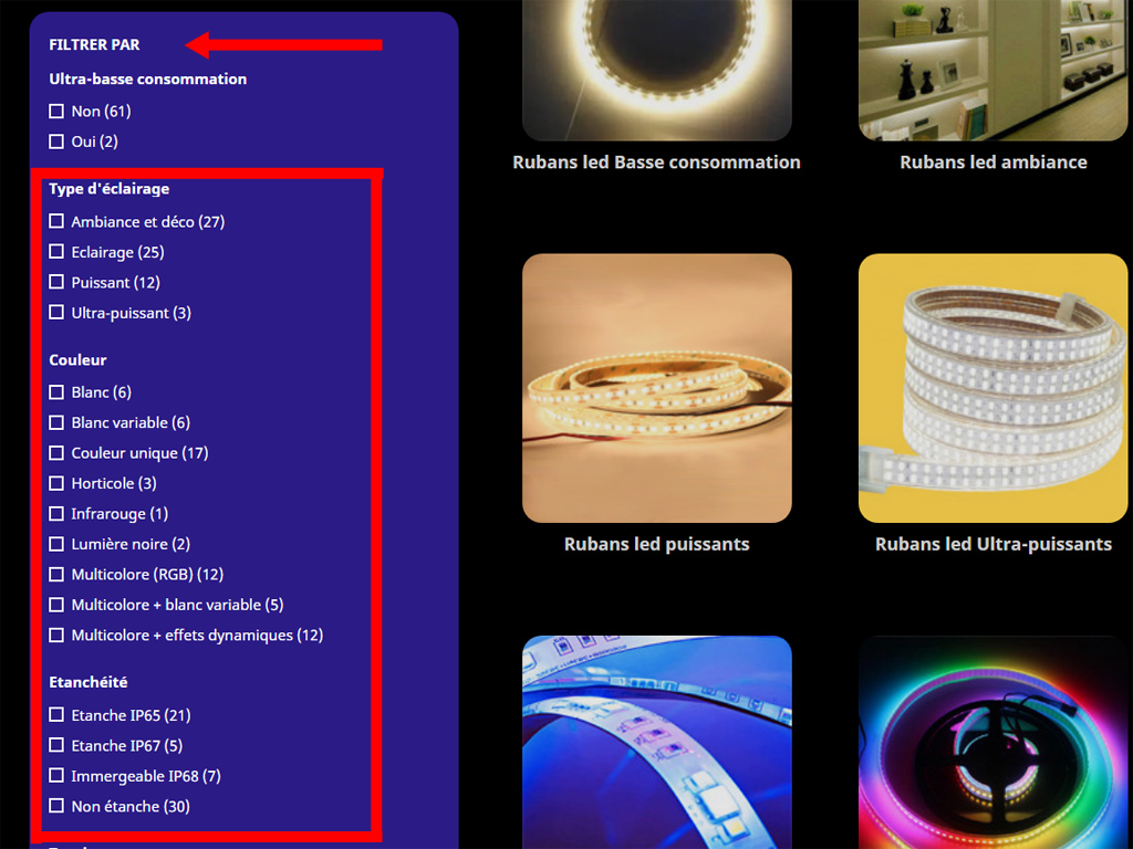 Utilisation des filtres rubans led