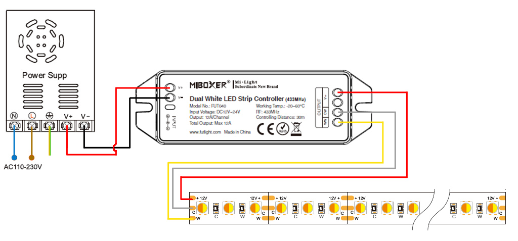 Connection of a variable white led tape