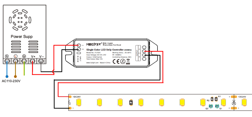 Connection of a single color led strip with dimmer