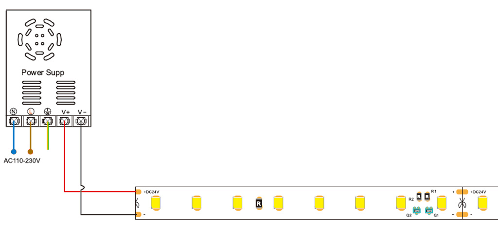 Connection of a single color led tape on power supply